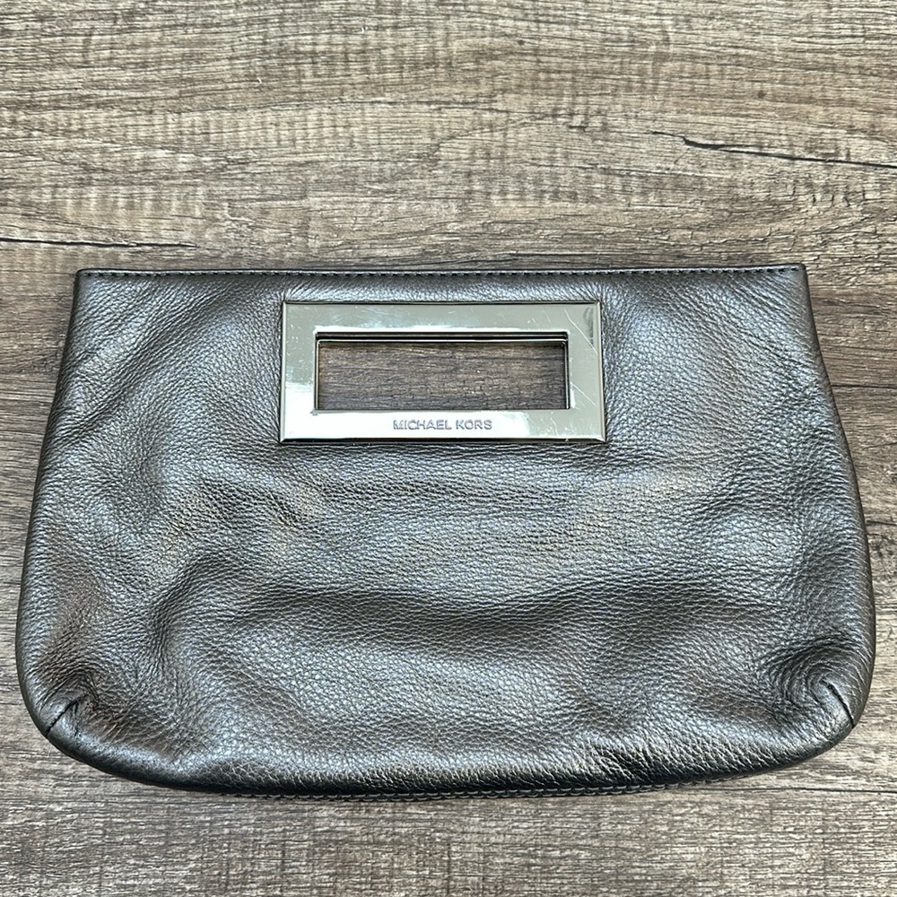 MICHAEL Michael Kors Metallic Grey Leather Top Handle Frame Clutch